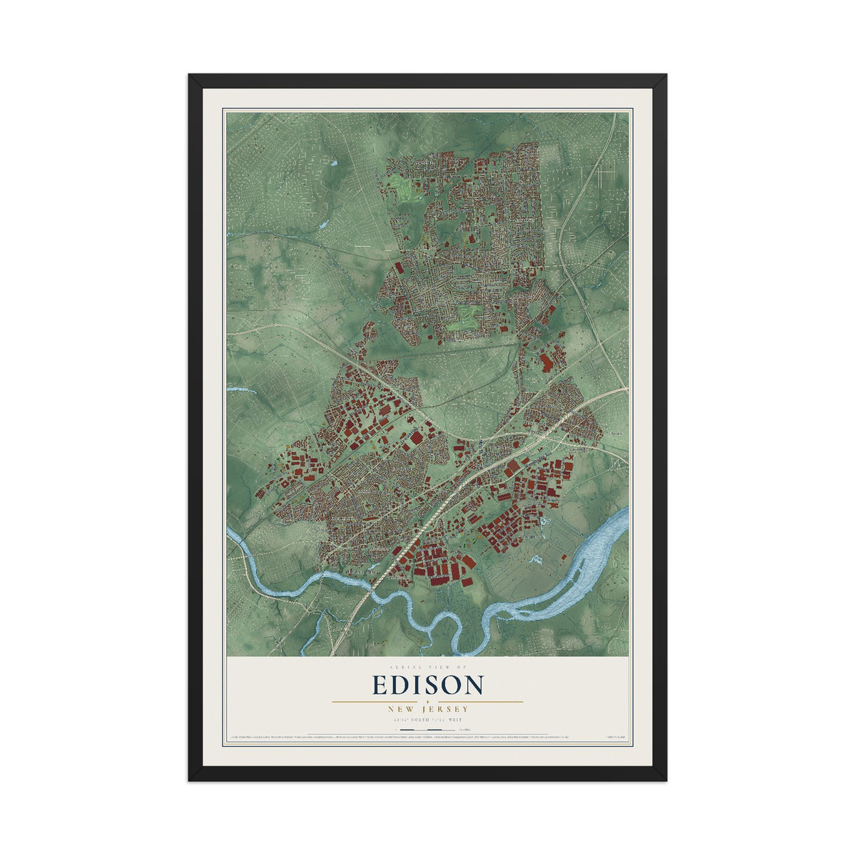 Edison, New Jersey map print, 12" x 18" W/ Black Ayous Wood Frame mockup