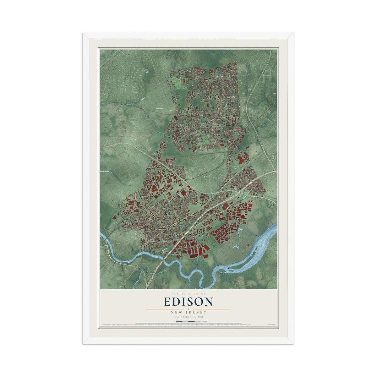 Edison, New Jersey map print, 12" x 18" W/ White Ayous Wood Frame mockup