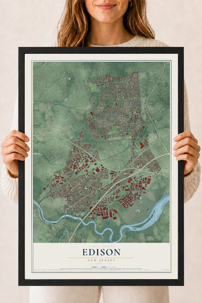 Edison, New Jersey map print, 18" x 24" W/ Black Ayous Wood Frame mockup