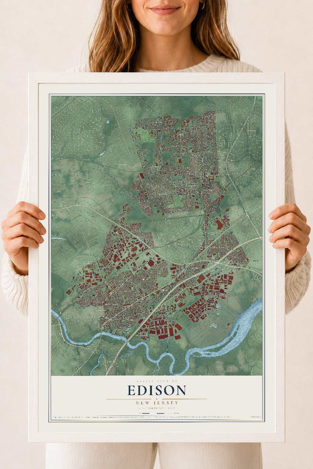 Edison, New Jersey map print, 18" x 24" W/ White Ayous Wood Frame mockup