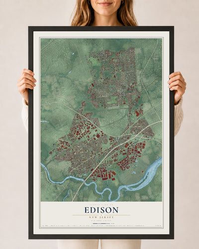 Edison, New Jersey map print, 24" x 36" W/ Black Ayous Wood Frame mockup