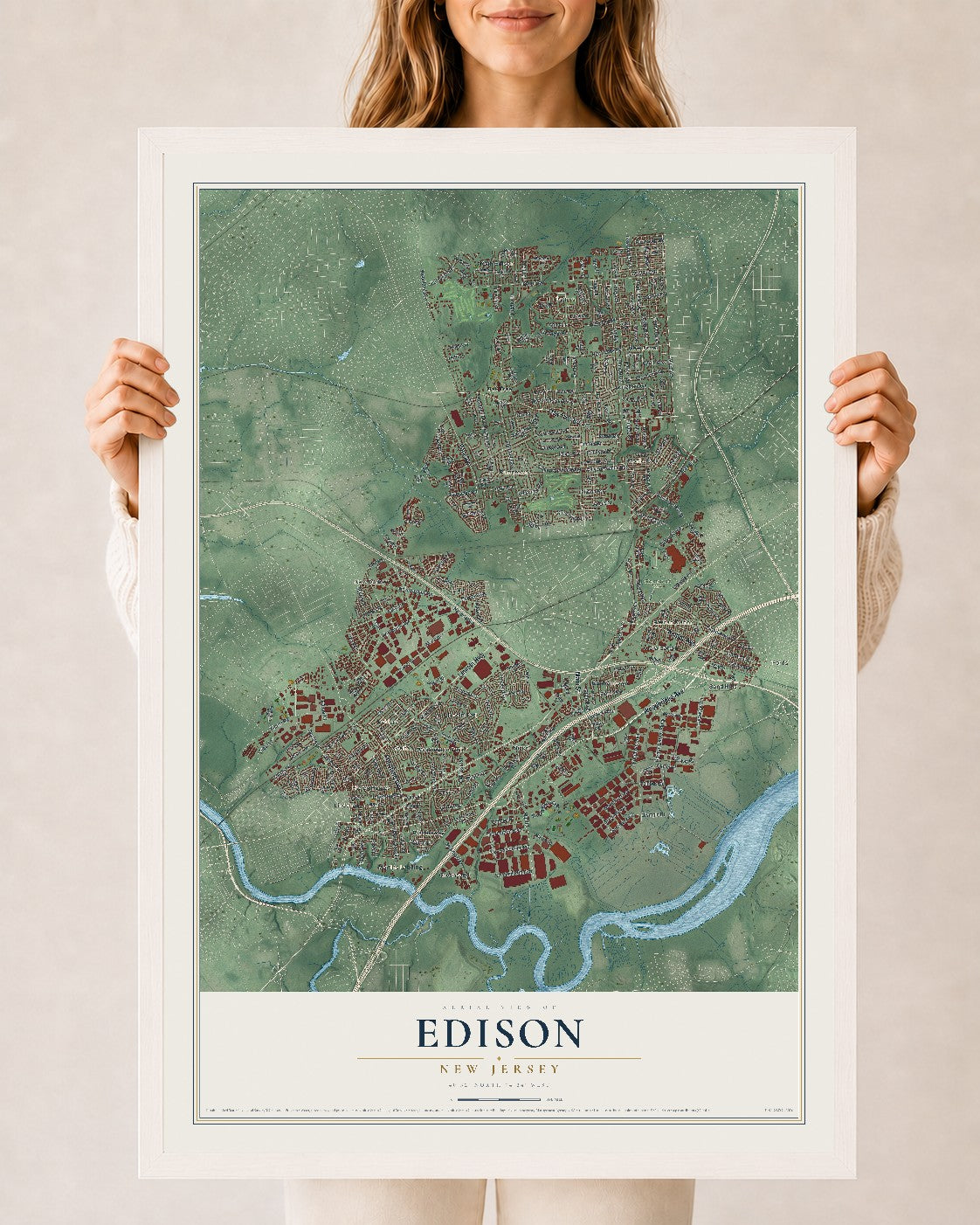Edison, New Jersey map print, 24" x 36" W/ White Ayous Wood Frame mockup