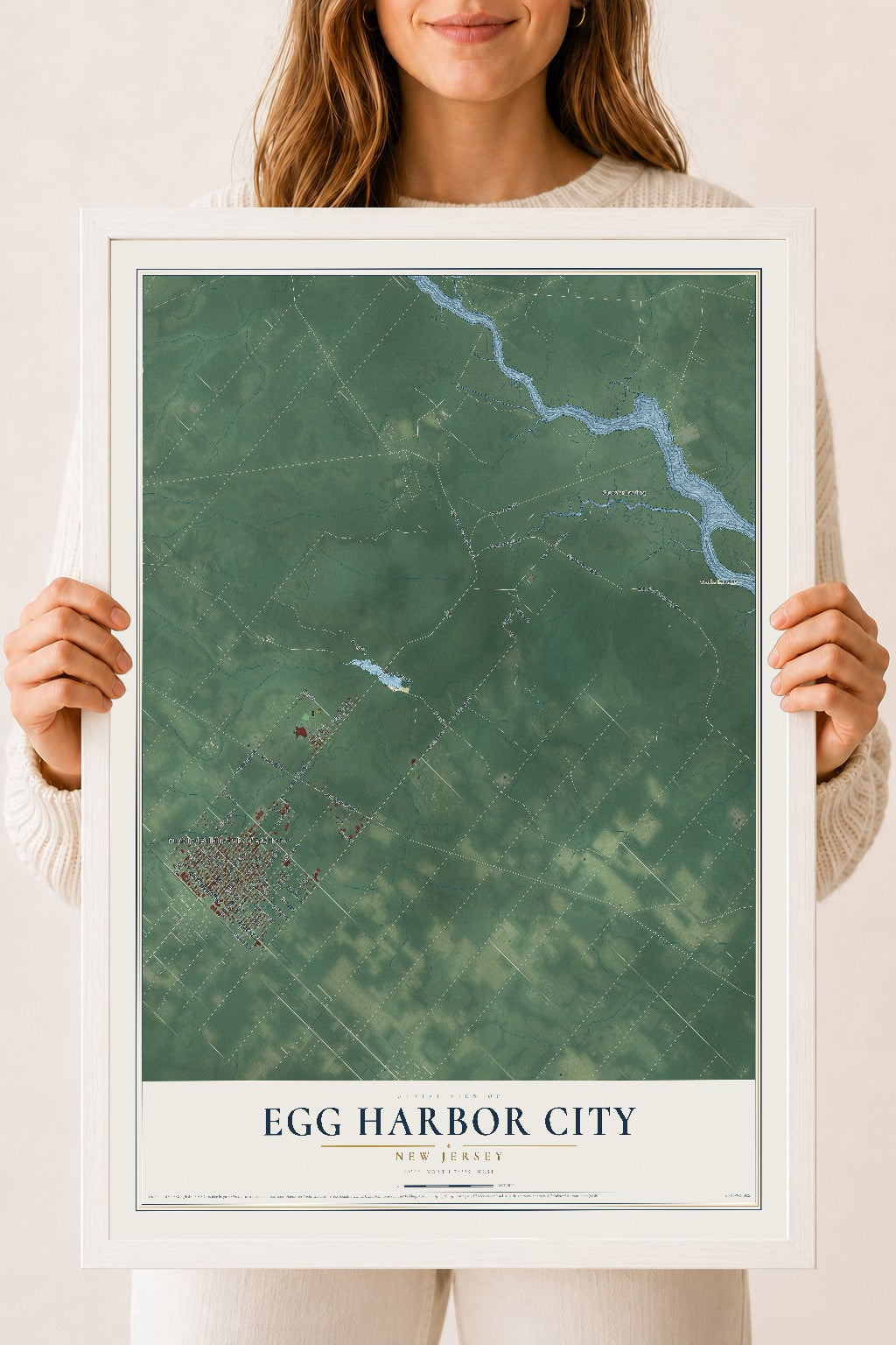 Egg Harbor City, New Jersey map print, 18" x 24" W/ White Ayous Wood Frame mockup