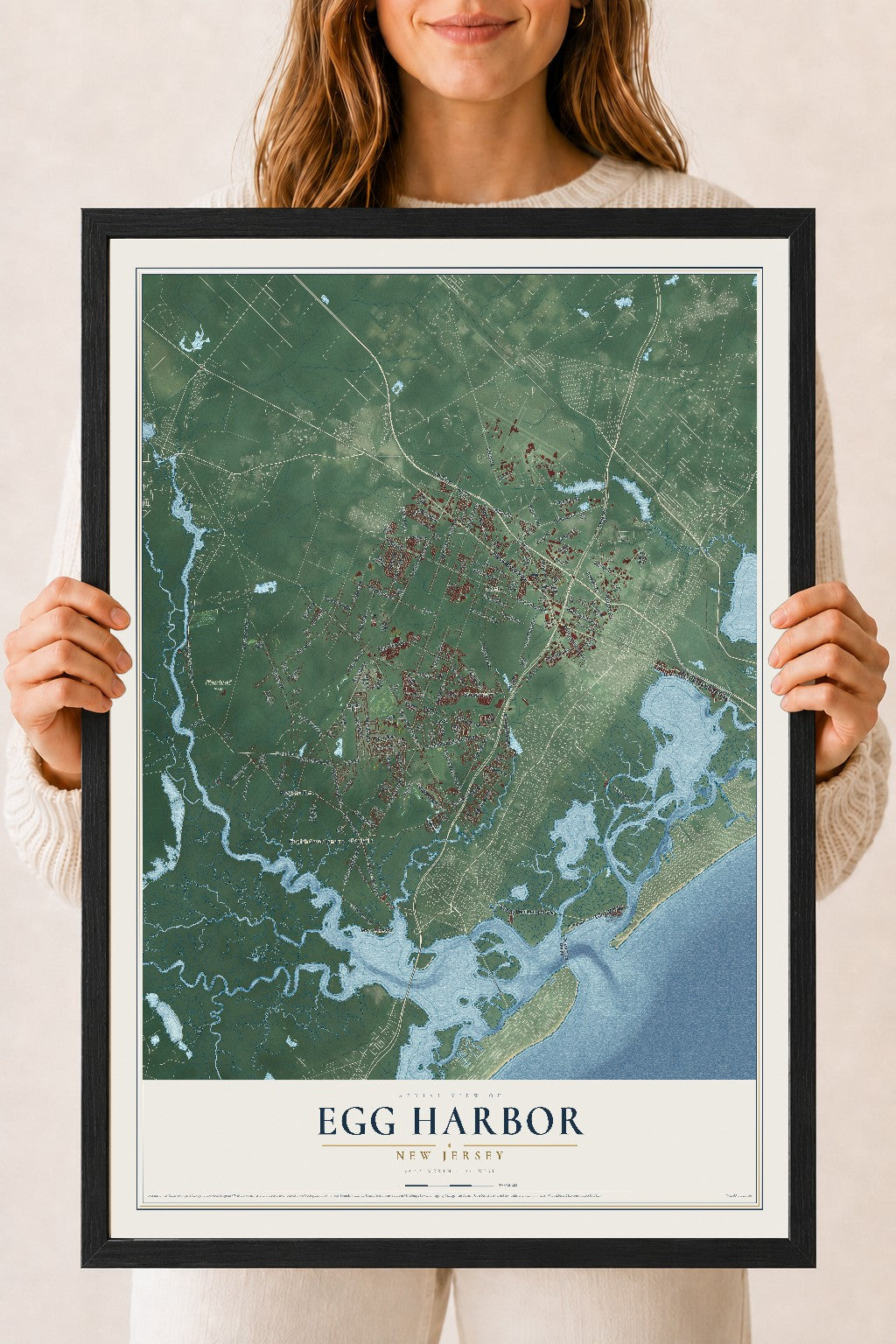 Egg Harbor, New Jersey map print, 18" x 24" W/ Black Ayous Wood Frame mockup