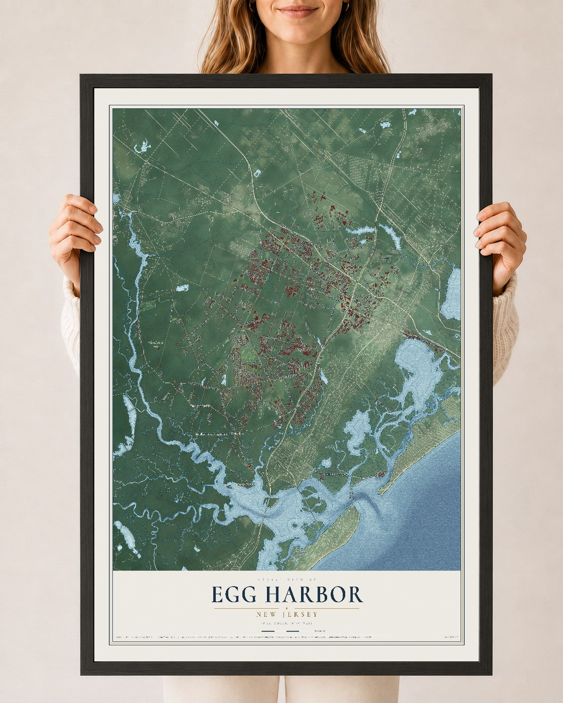 Egg Harbor, New Jersey map print, 24" x 36" W/ Black Ayous Wood Frame mockup