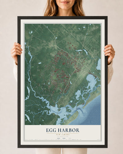 Egg Harbor, New Jersey map print, 24" x 36" W/ Black Ayous Wood Frame mockup