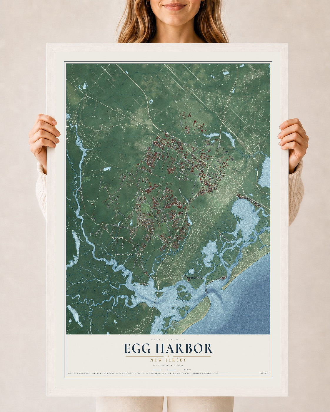 Egg Harbor, New Jersey map print, 24" x 36" W/ White Ayous Wood Frame mockup