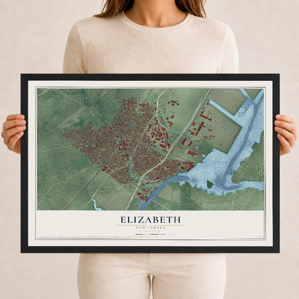 Elizabeth, New Jersey map print, 12" x 18" W/ Black Ayous Wood Frame mockup