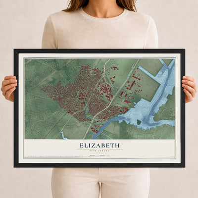 Elizabeth, New Jersey map print, 12" x 18" W/ Black Ayous Wood Frame mockup