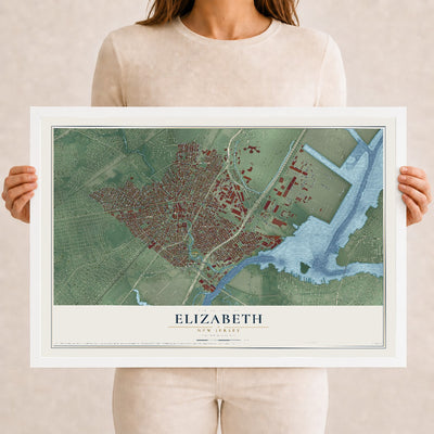 Elizabeth, New Jersey map print, 12" x 18" W/ White Ayous Wood Frame mockup