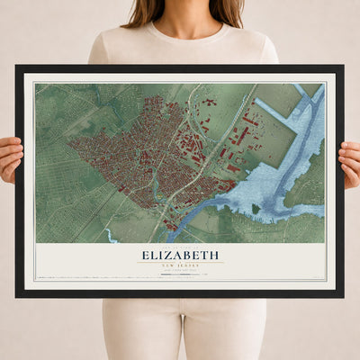 Elizabeth, New Jersey map print, 18" x 24" W/ Black Ayous Wood Frame mockup
