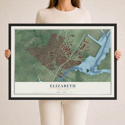 Elizabeth, New Jersey map print, 24" x 36" W/ Black Ayous Wood Frame mockup