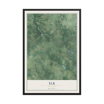 Elk, New Jersey map print, 12" x 18" W/ Black Ayous Wood Frame mockup