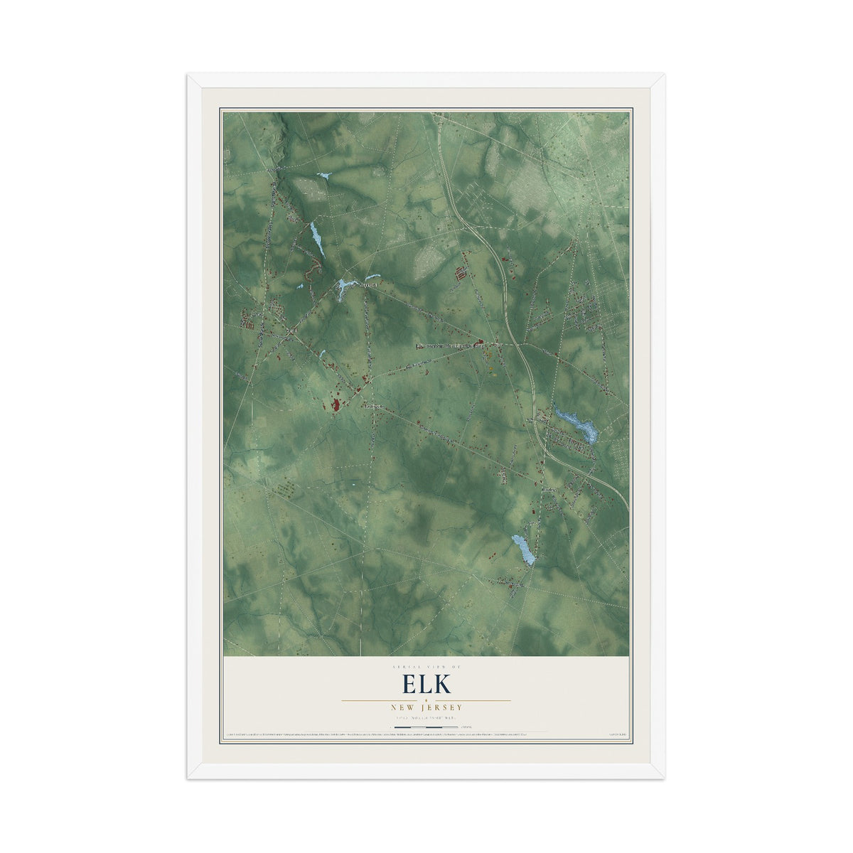 Elk, New Jersey map print, 12" x 18" W/ White Ayous Wood Frame mockup