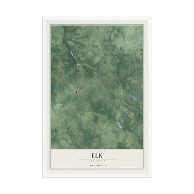 Elk, New Jersey map print, 12" x 18" W/ White Ayous Wood Frame mockup