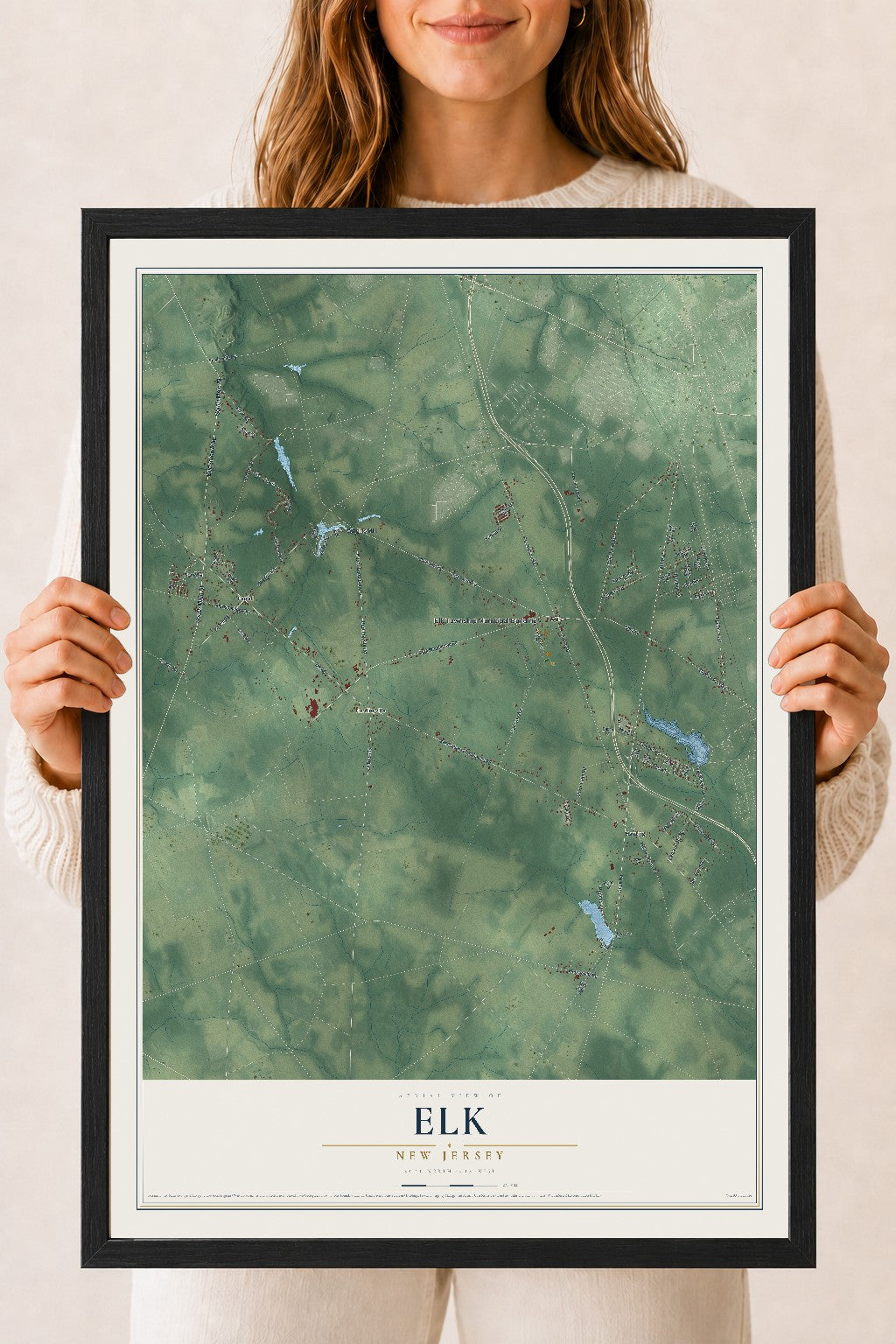 Elk, New Jersey map print, 18" x 24" W/ Black Ayous Wood Frame mockup