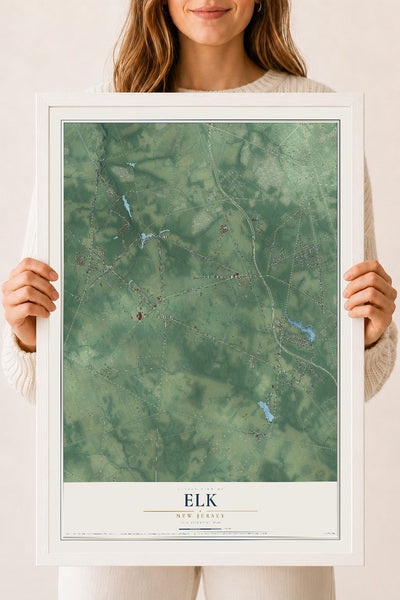 Elk, New Jersey map print, 18" x 24" W/ White Ayous Wood Frame mockup