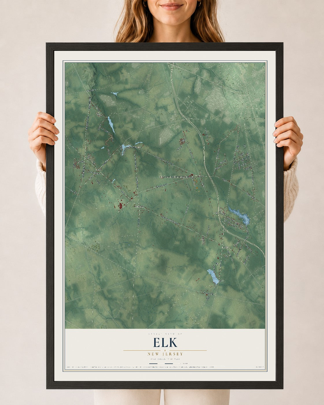 Elk, New Jersey map print, 24" x 36" W/ Black Ayous Wood Frame mockup
