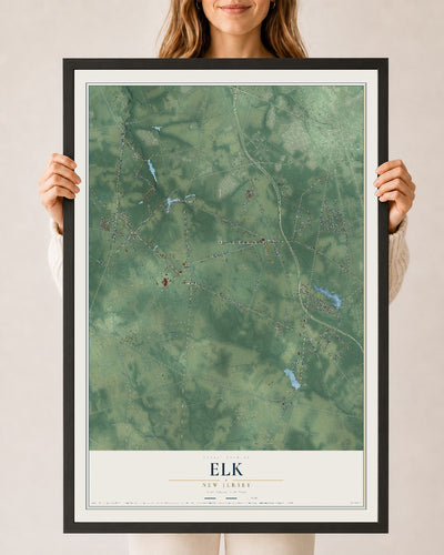 Elk, New Jersey map print, 24" x 36" W/ Black Ayous Wood Frame mockup