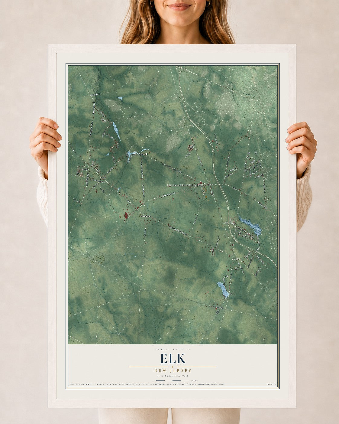Elk, New Jersey map print, 24" x 36" W/ White Ayous Wood Frame mockup