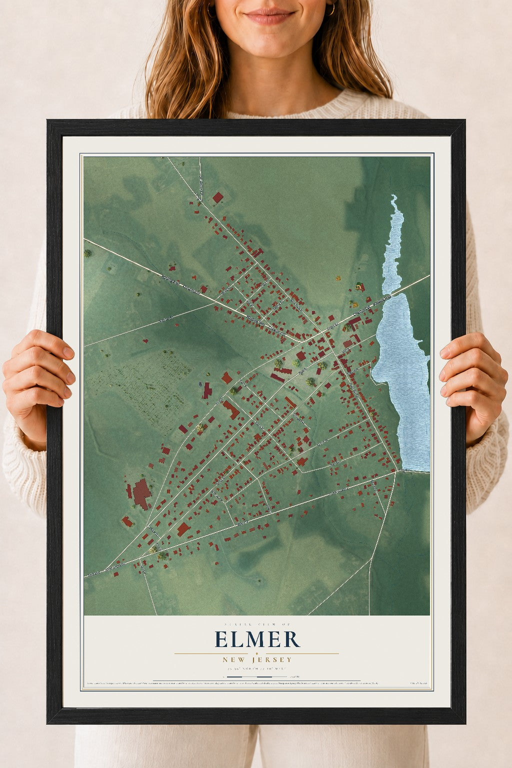 Elmer, New Jersey map print, 18" x 24" W/ Black Ayous Wood Frame mockup