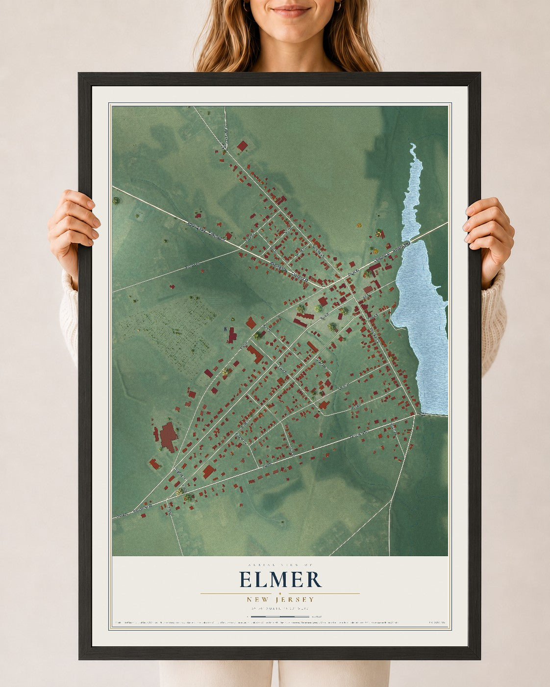 Elmer, New Jersey map print, 24" x 36" W/ Black Ayous Wood Frame mockup