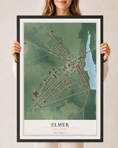 Elmer, New Jersey map print, 24" x 36" W/ Black Ayous Wood Frame mockup