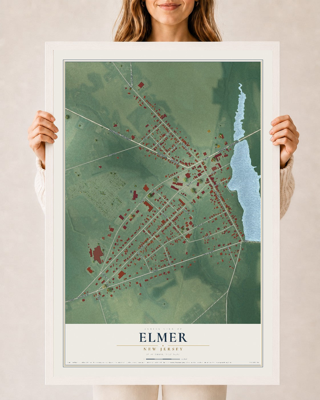 Elmer, New Jersey map print, 24" x 36" W/ White Ayous Wood Frame mockup