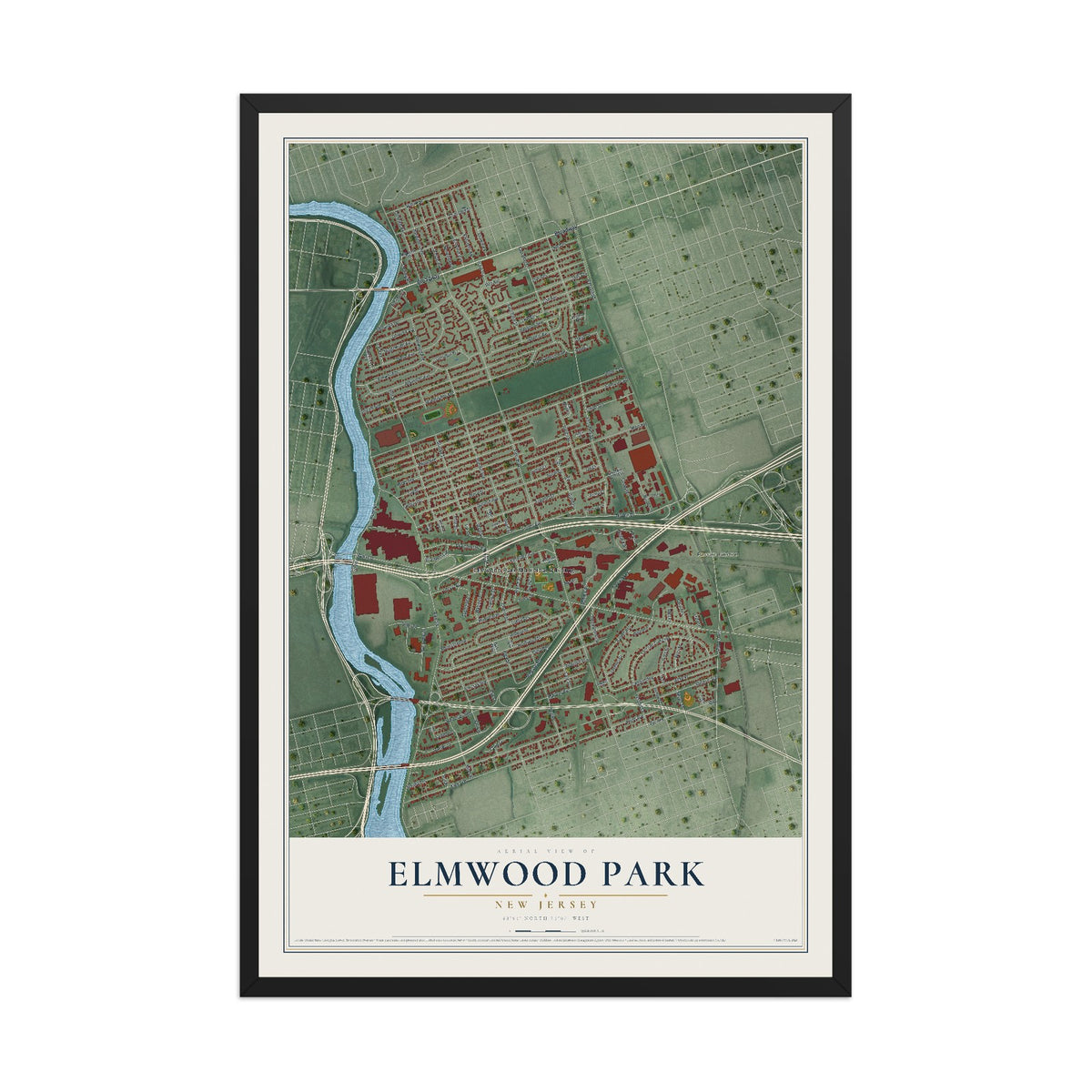 Elmwood Park, New Jersey map print, 12" x 18" W/ Black Ayous Wood Frame mockup