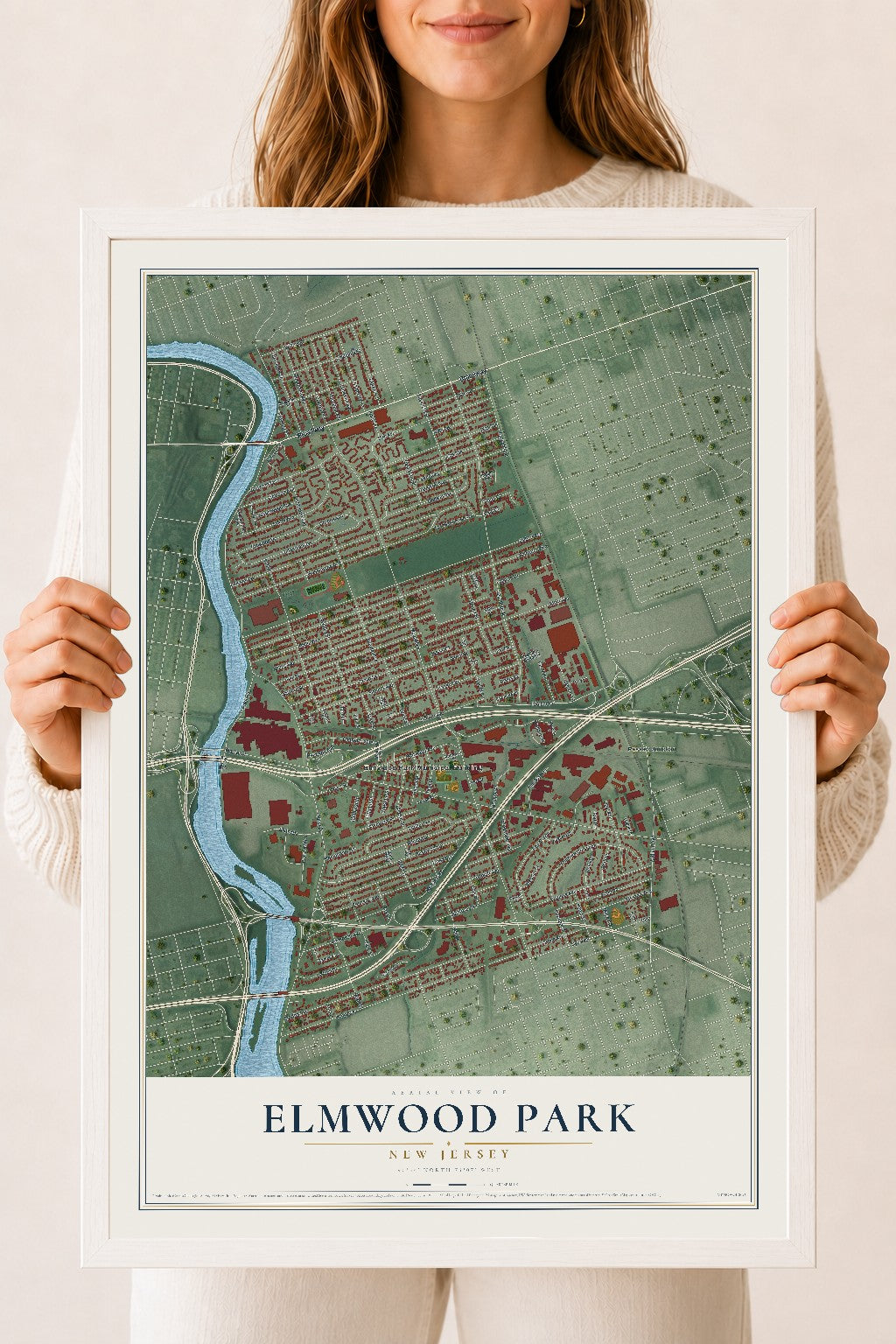 Elmwood Park, New Jersey map print, 18" x 24" W/ White Ayous Wood Frame mockup