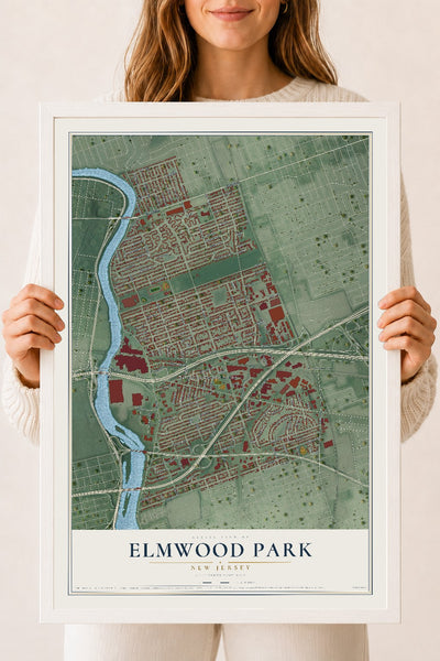Elmwood Park, New Jersey map print, 18" x 24" W/ White Ayous Wood Frame mockup