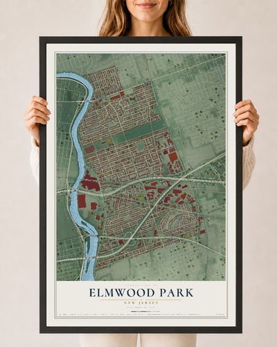Elmwood Park, New Jersey map print, 24" x 36" W/ Black Ayous Wood Frame mockup