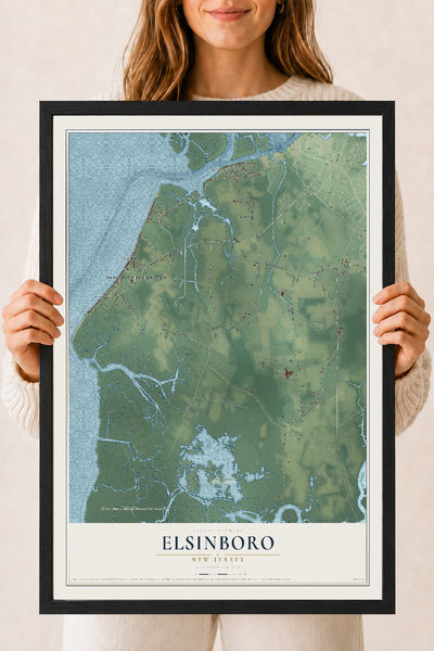 Elsinboro, New Jersey map print, 18" x 24" W/ Black Ayous Wood Frame mockup
