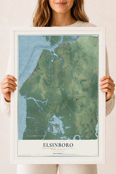Elsinboro, New Jersey map print, 18" x 24" W/ White Ayous Wood Frame mockup