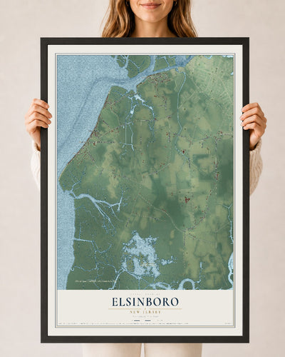 Elsinboro, New Jersey map print, 24" x 36" W/ Black Ayous Wood Frame mockup