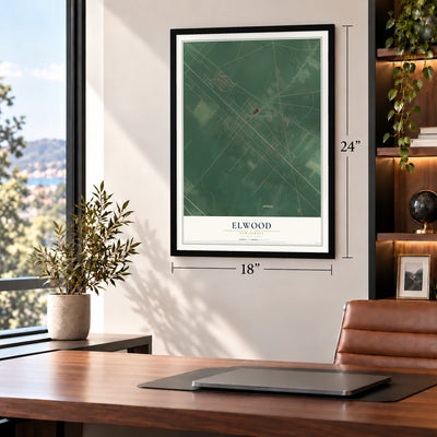 Elwood, New Jersey map, 18 x 24 inch print in a black frame in a home office