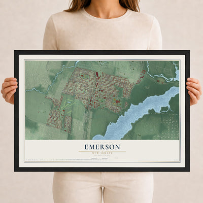 Emerson, New Jersey map print, 12" x 18" W/ Black Ayous Wood Frame mockup