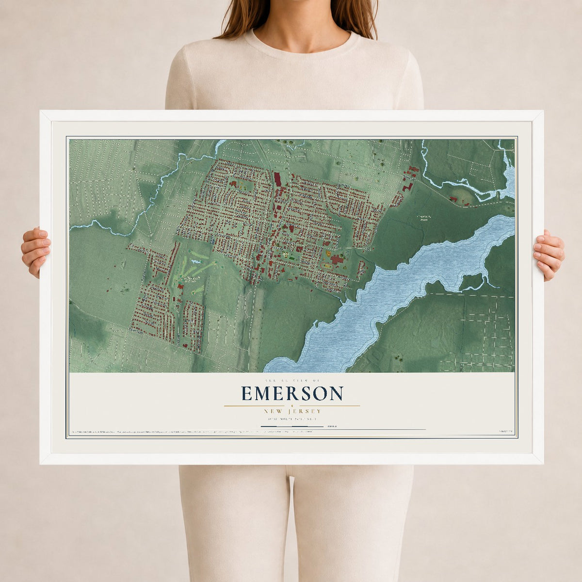 Emerson, New Jersey map print, 24" x 36" W/ White Ayous Wood Frame mockup