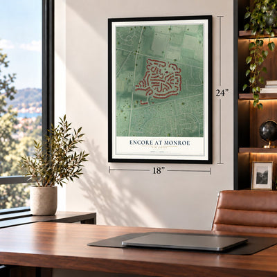 Encore at Monroe, New Jersey map, 18 x 24 inch print in a black frame in a home office