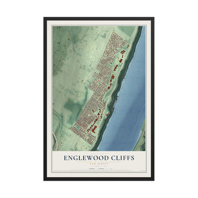 Englewood Cliffs, New Jersey map print, 12" x 18" W/ Black Ayous Wood Frame mockup