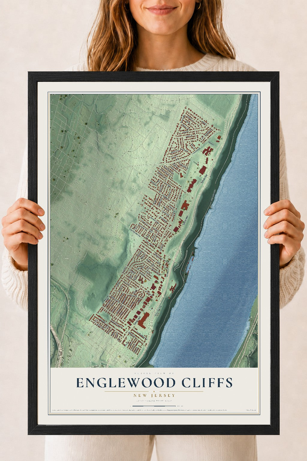 Englewood Cliffs, New Jersey map print, 18" x 24" W/ Black Ayous Wood Frame mockup