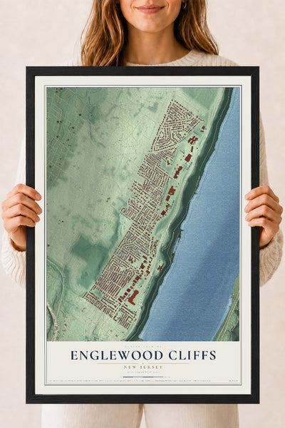 Englewood Cliffs, New Jersey map print, 18" x 24" W/ Black Ayous Wood Frame mockup