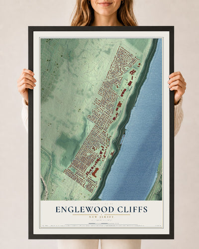 Englewood Cliffs, New Jersey map print, 24" x 36" W/ Black Ayous Wood Frame mockup