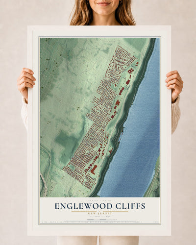 Englewood Cliffs, New Jersey map print, 24" x 36" W/ White Ayous Wood Frame mockup