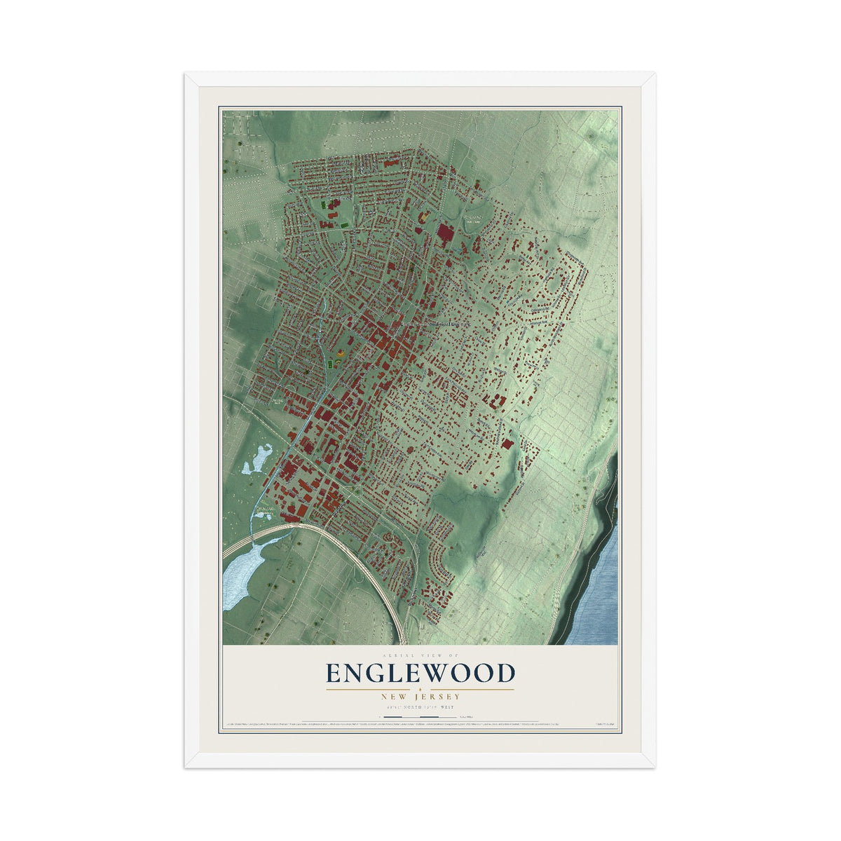 Englewood, New Jersey map print, 12" x 18" W/ White Ayous Wood Frame mockup