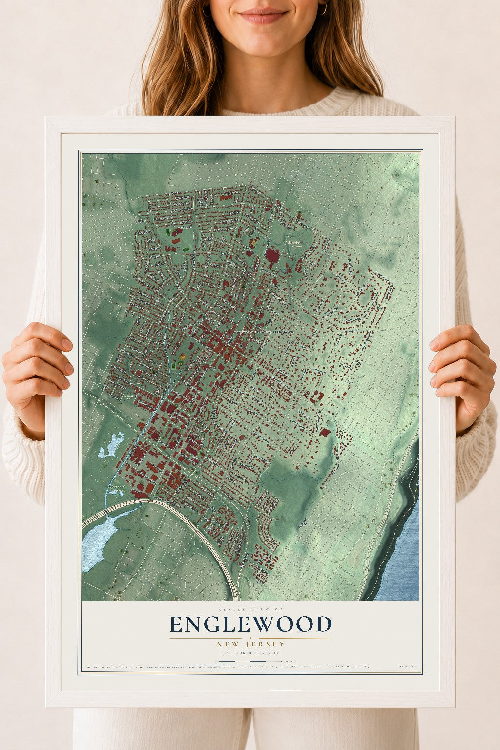 Englewood, New Jersey map print, 18" x 24" W/ White Ayous Wood Frame mockup