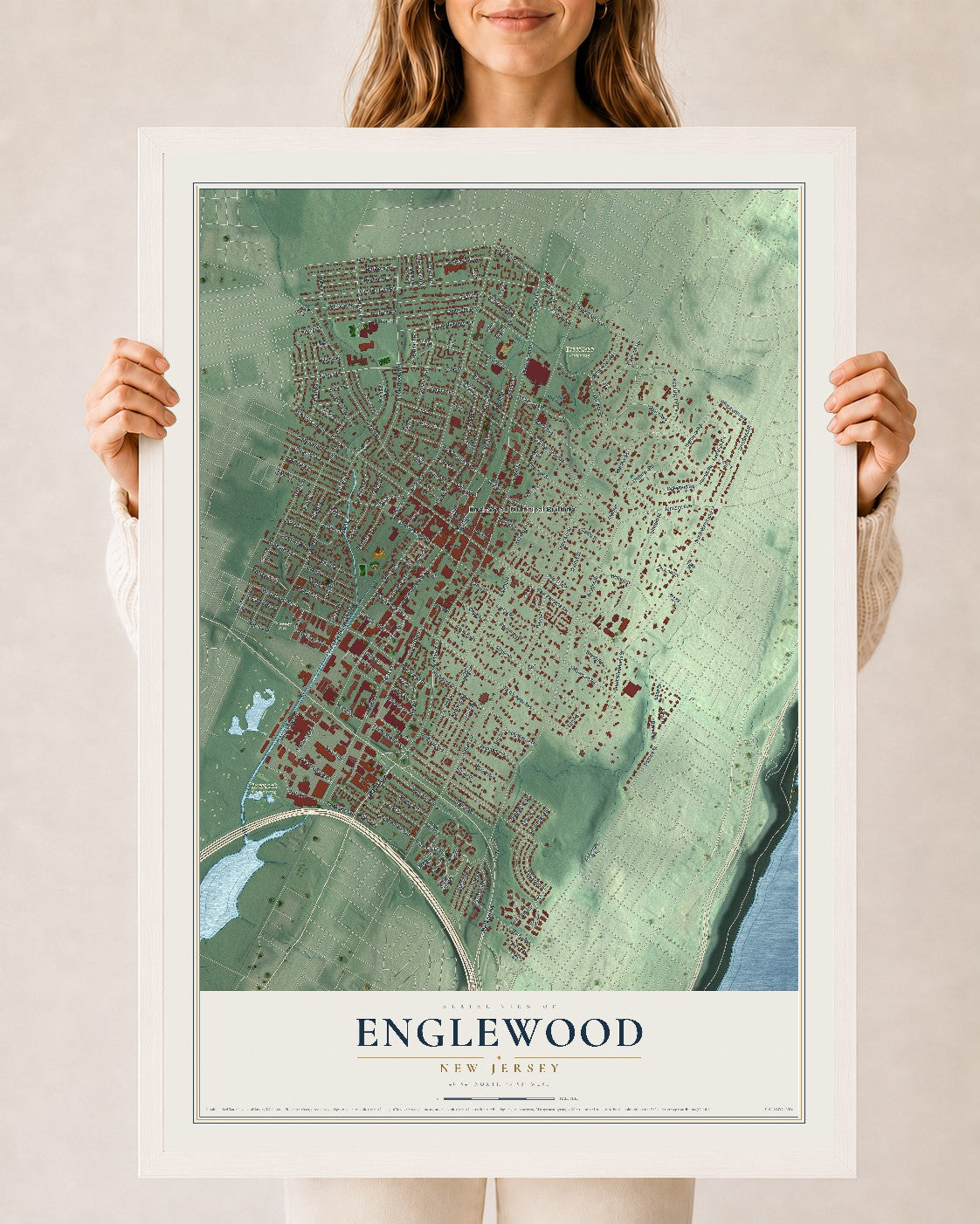 Englewood, New Jersey map print, 24" x 36" W/ White Ayous Wood Frame mockup