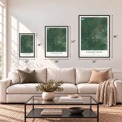 English Creek, New Jersey map in 12 x 18, 18 x 24 and 24 x 36 inch sizes above a sofa