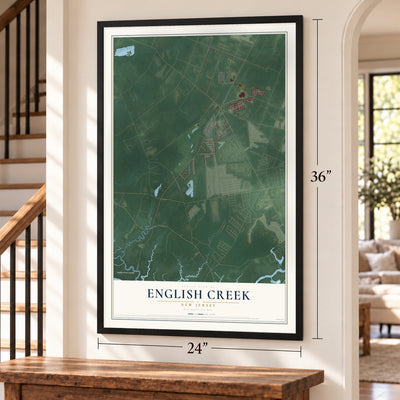 English Creek, New Jersey map, 24 x 36 inch print in a black frame by a staircase