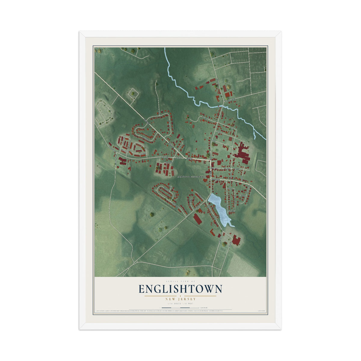 Englishtown, New Jersey map print, 12" x 18" W/ White Ayous Wood Frame mockup
